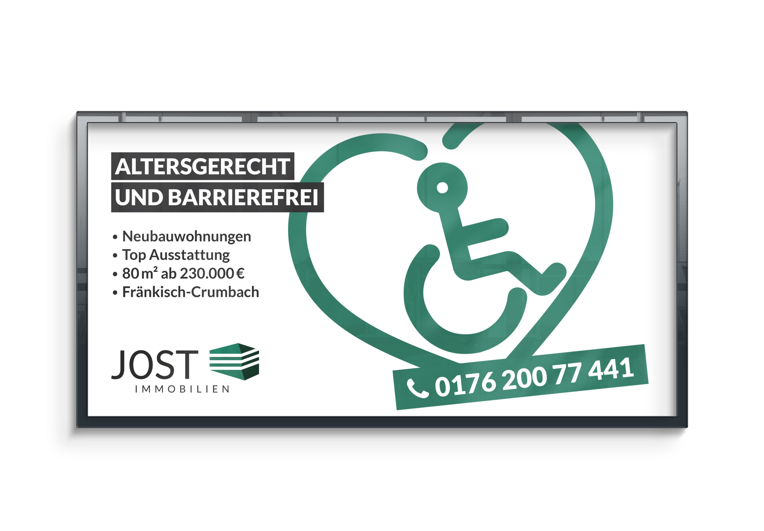 Werbebanner von Jost mit Aufschrift "altersgerecht und barrierefrei", einem grünen Herz mit Rollstuhfahrer-Illustration, Telefonnummer und Logo von Jost