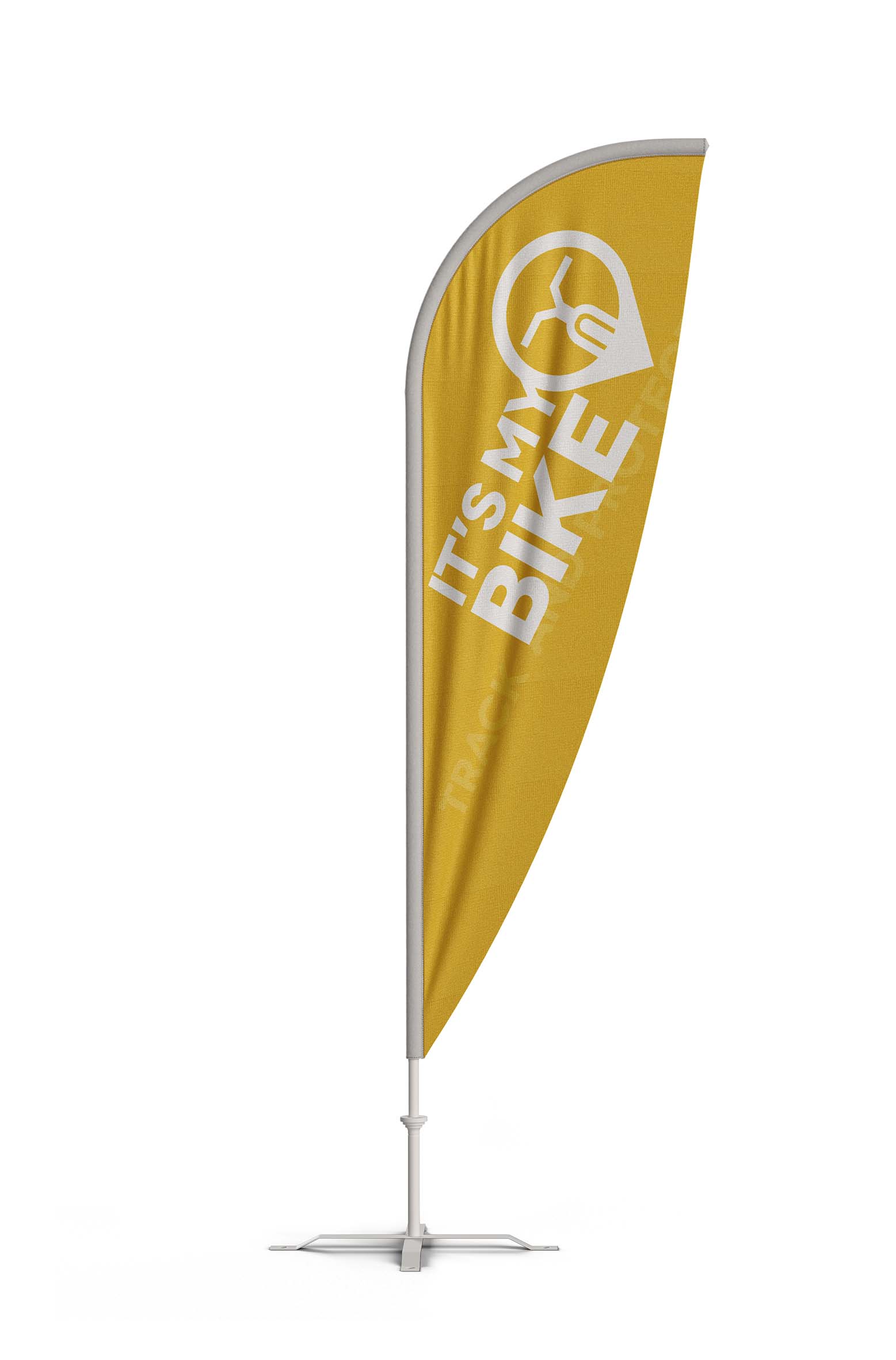 Gelbe Bowflag mit weißer Aufschrift und weißem Logo "IT'S MY BIKE"