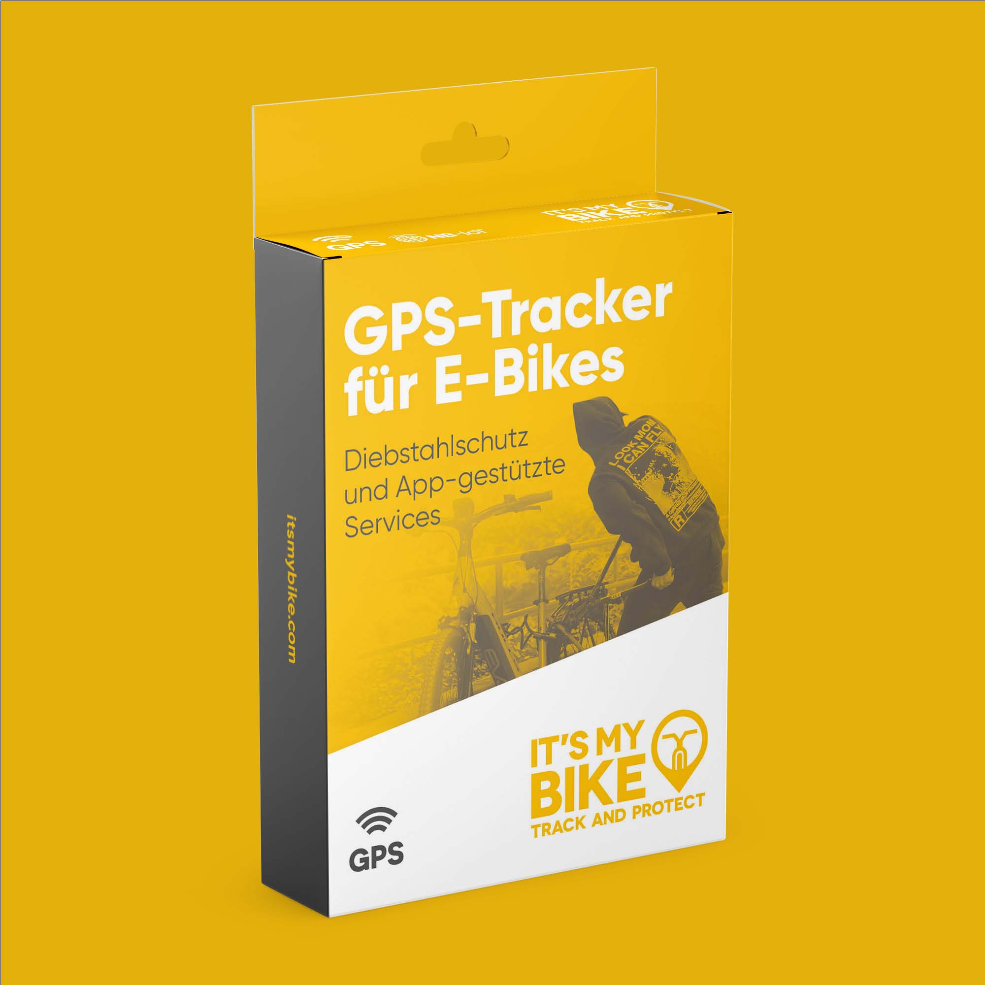 Gelbe Verpackung eines GPS-Trackers von IT'S MY BIKE