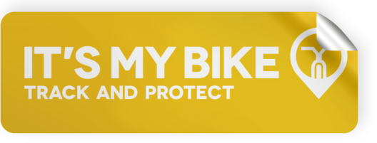 Gelber Sticker mit weißer Schrift und Logo "IT'S MY BIKE TRACK AND PROTECT"